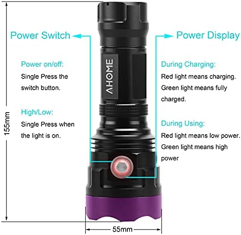 AHOME V30 UV 385-395NM Blacklight Blashlight [USB נטען] מנורת אור שחור, משולש נוריות LED אולטרה סגול גבוהות, עם
